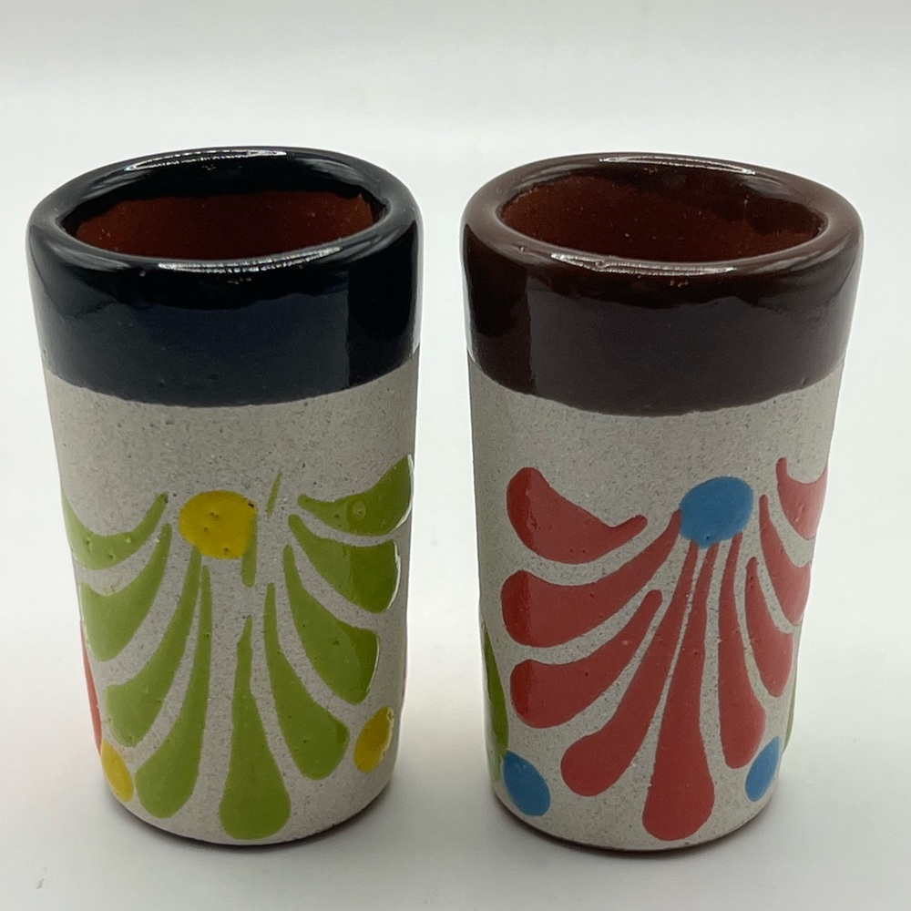 Mexican Hand Painted Barro Clay Tequila Shots Glasses Set of 2 - Vaso Tequilero